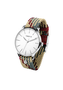 Vue oblique de la montre Igor 40 mm – Cadran blanc et bracelet bordeaux-beige tressé