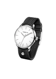 Vue 3/4 de la montre Tweed Co. Anna 36 mm en acier avec bracelet noir élégant