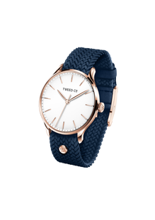 Montre Elsa or rose avec bracelet bleu pétrole vue 3/4, style chic et moderne