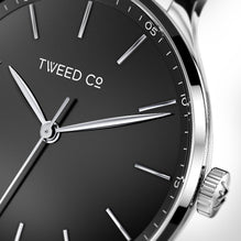 Deep black dial with silver hour markers on the Duncan limited edition watch
