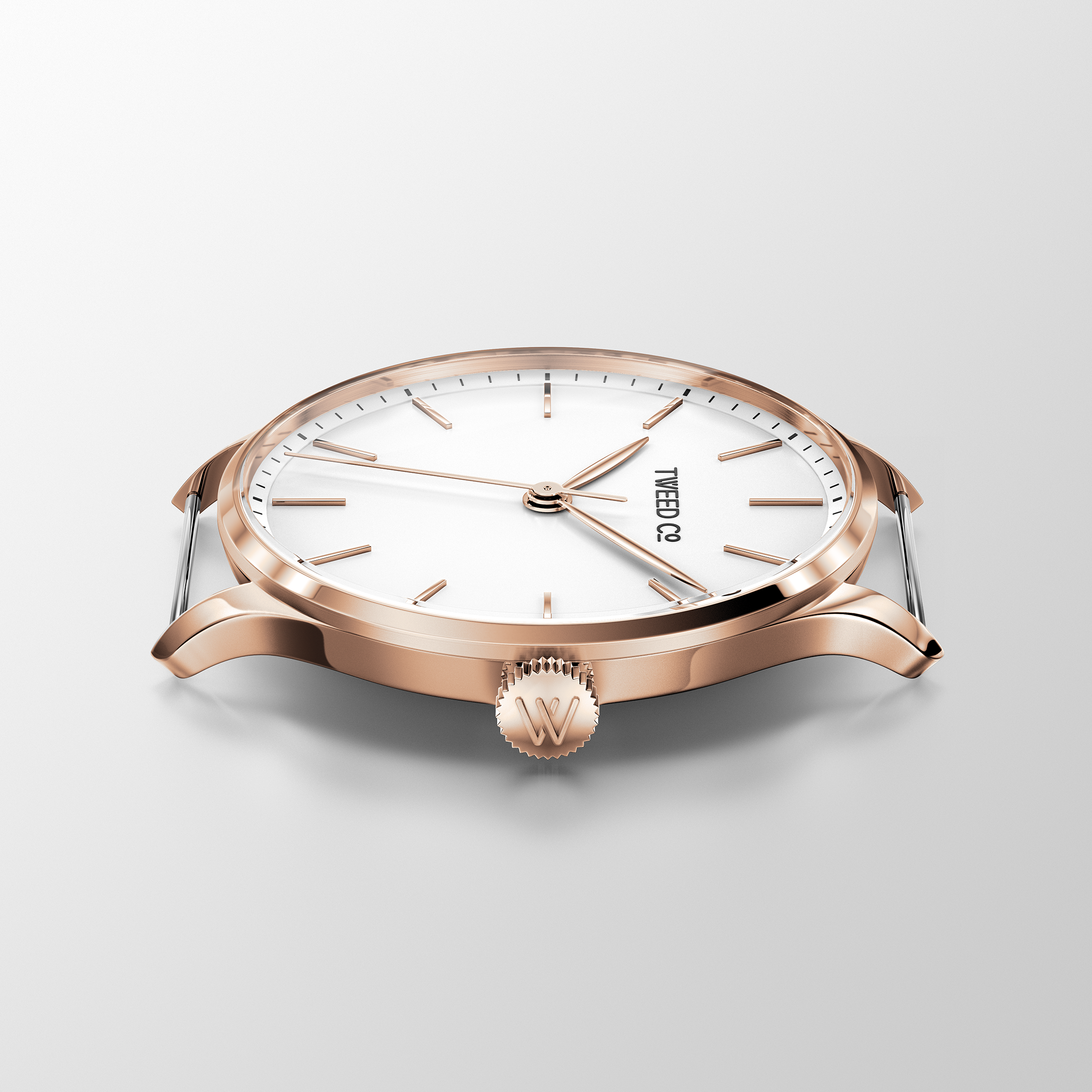 Vue latérale de la montre Elsa avec boîtier or rose et cadran blanc raffiné