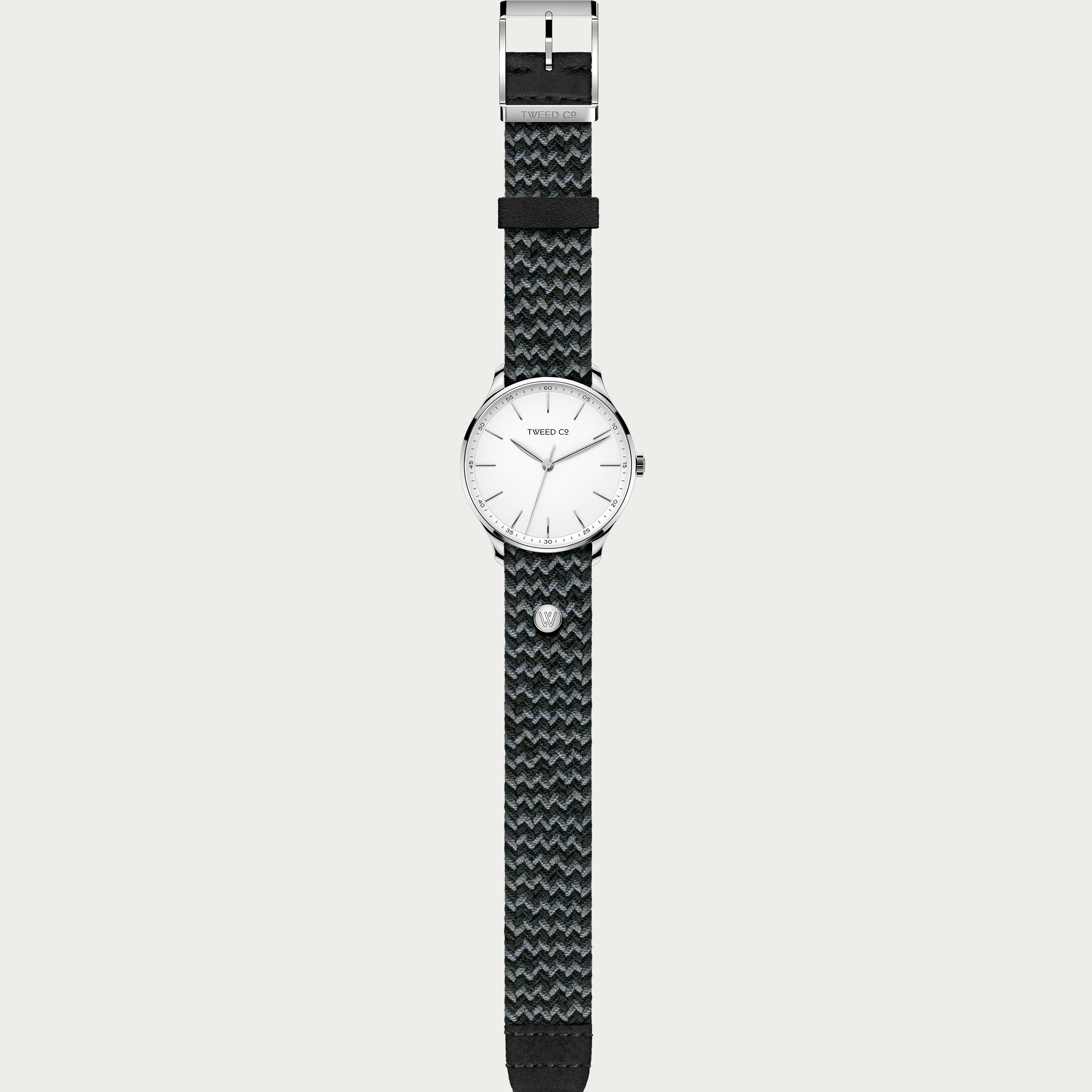 Montre Marty 40mm acier à bracelet tressé gris-noir, vue verticale du boîtier à la boucle